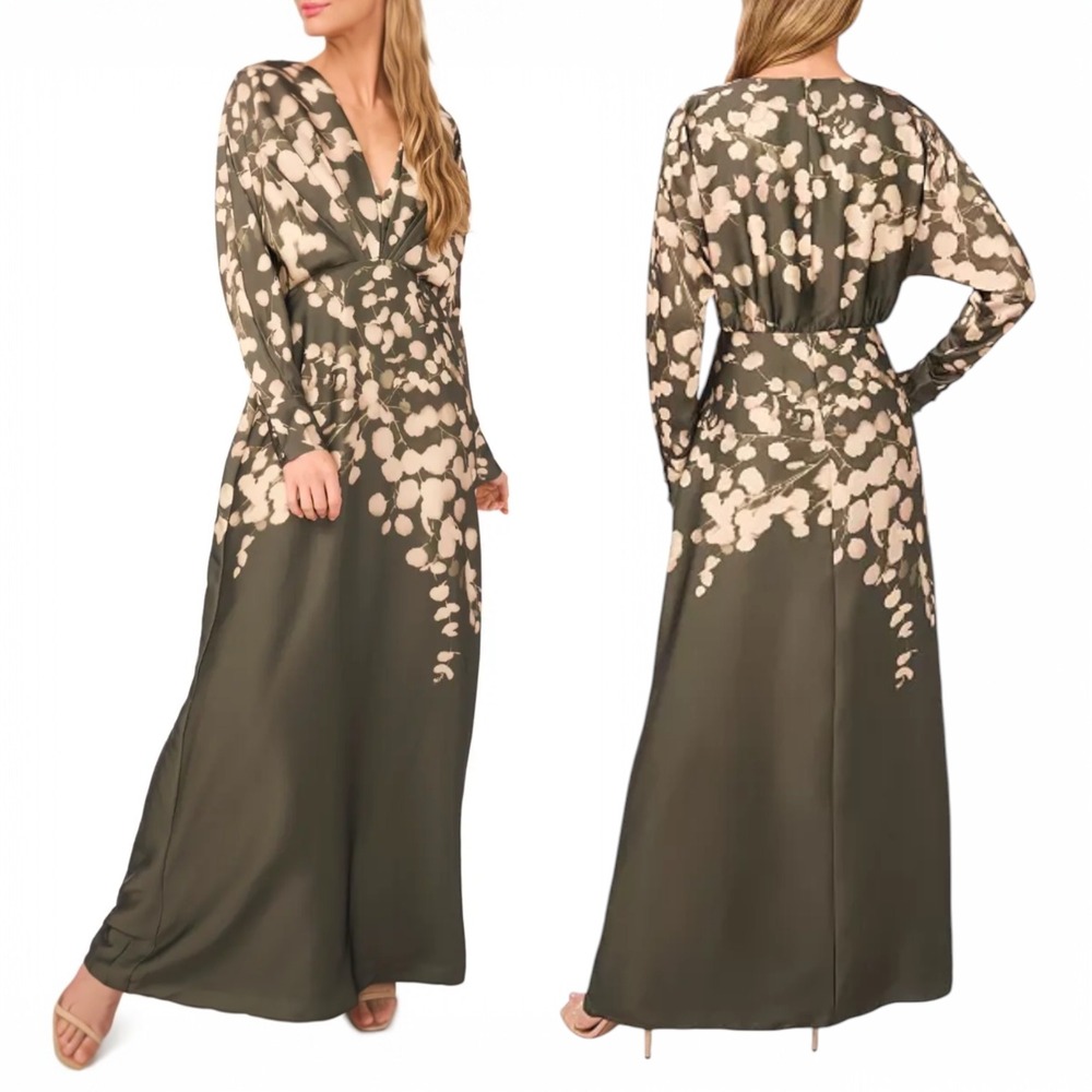 Parker Maxi Dress Pleated Wrap Dolman Sleeve Floral Satin Olive Green 10 Wedding